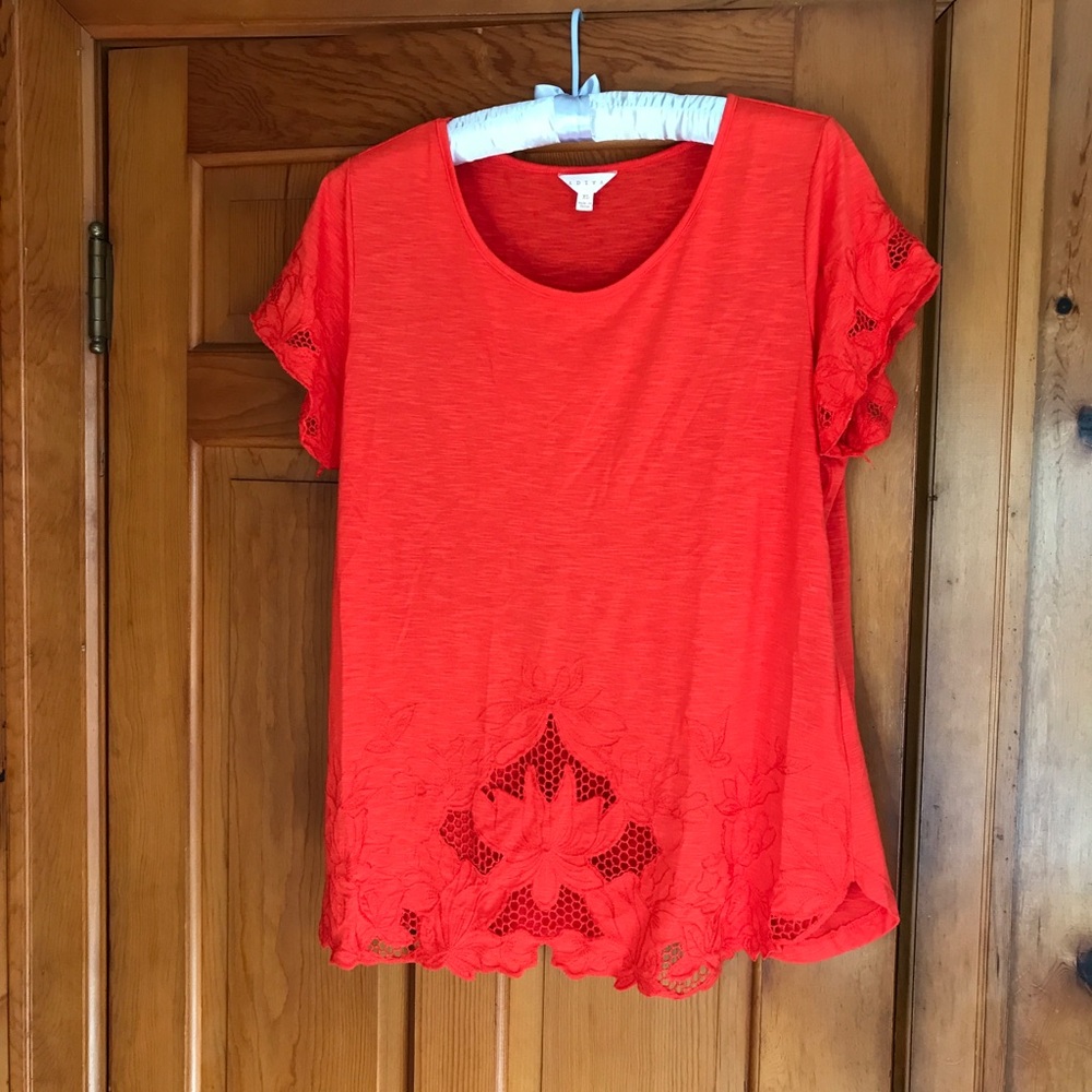 Adiva Vibrant Red-Orange Floral Lace Blouse Size XL